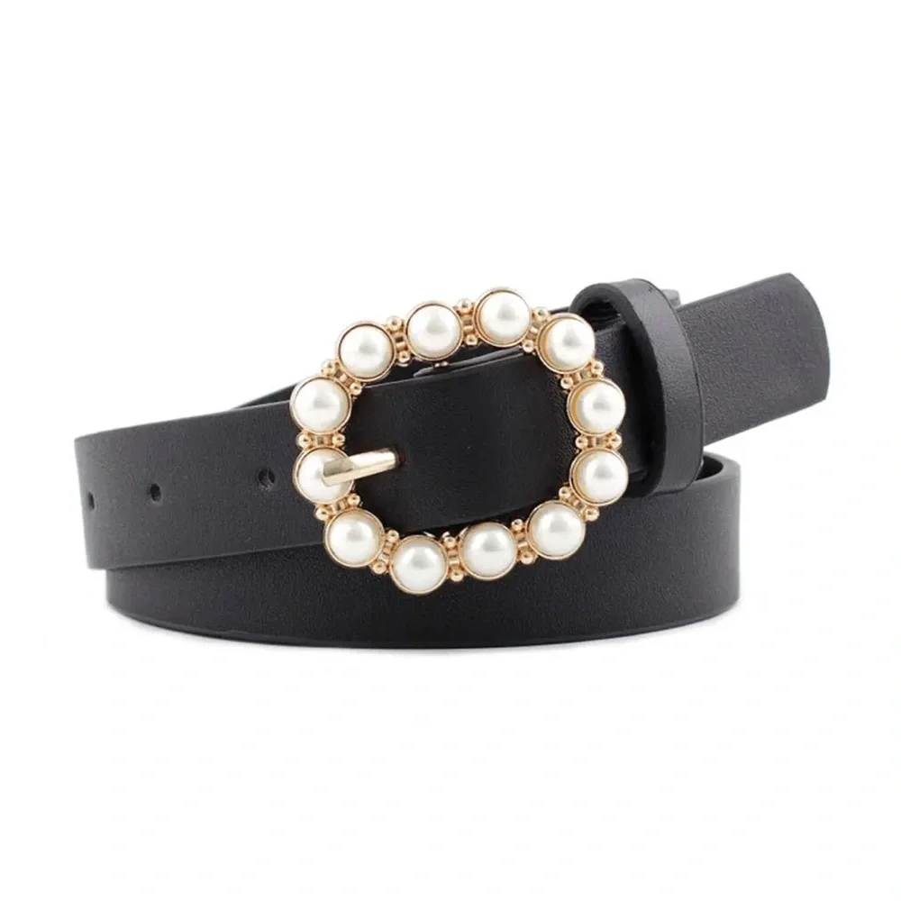 Elegant Tan Faux Leather Belt with Pearl-Embellished Oval Buckle